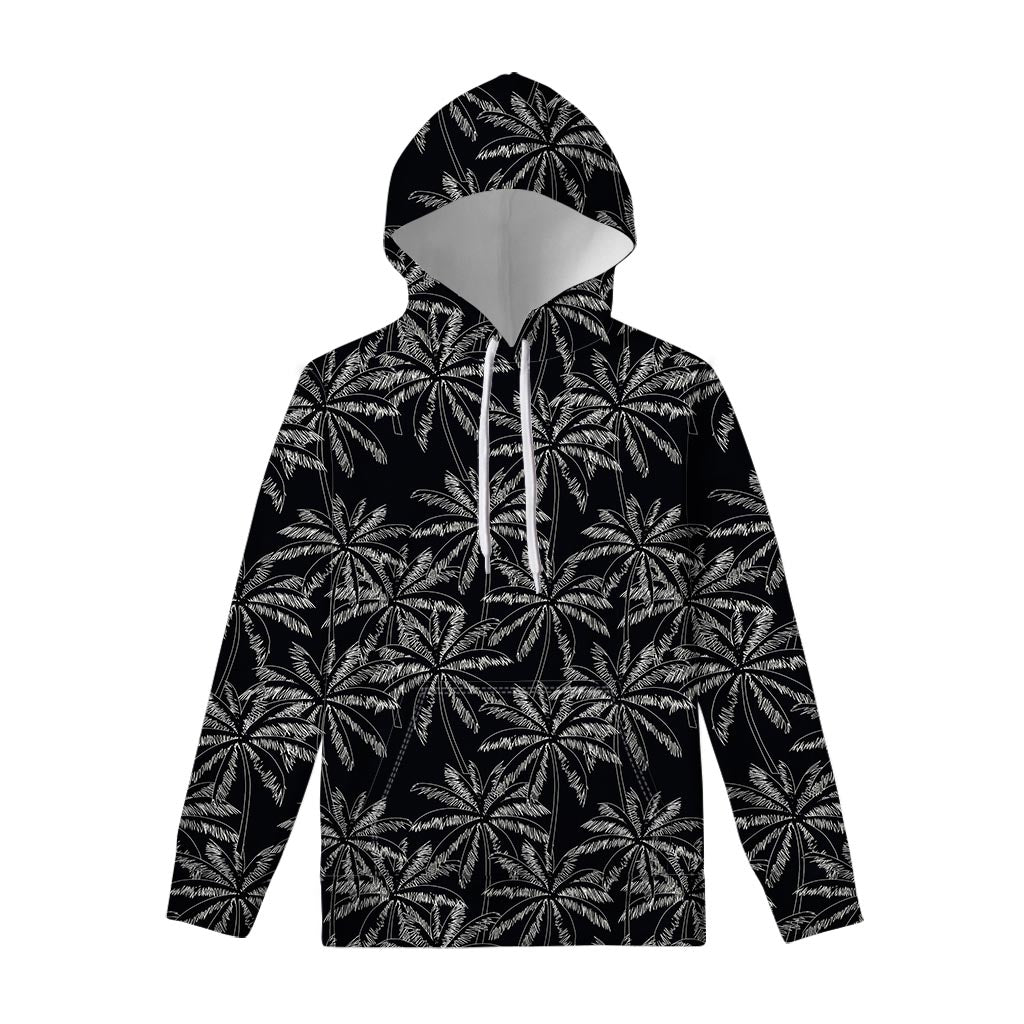 Black White Palm Tree Pattern Print Pullover Hoodie