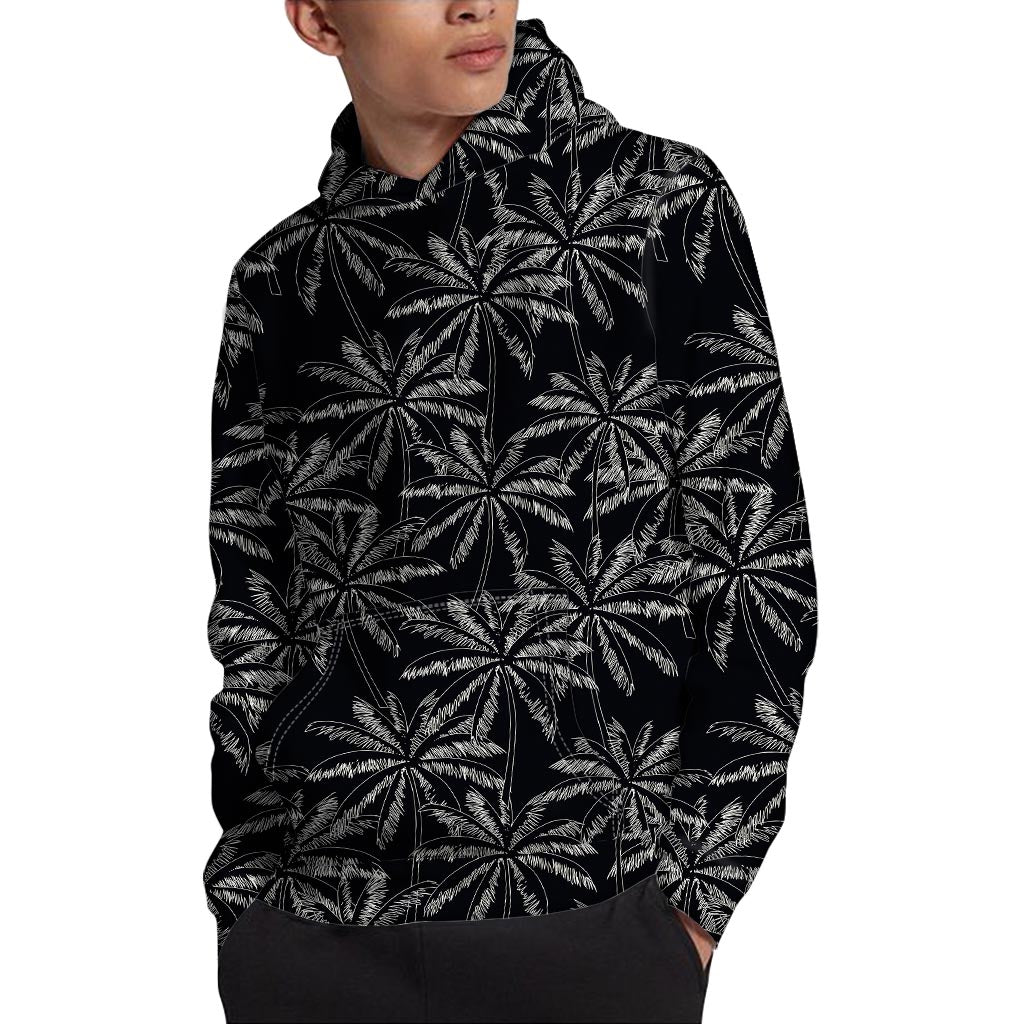 Black White Palm Tree Pattern Print Pullover Hoodie