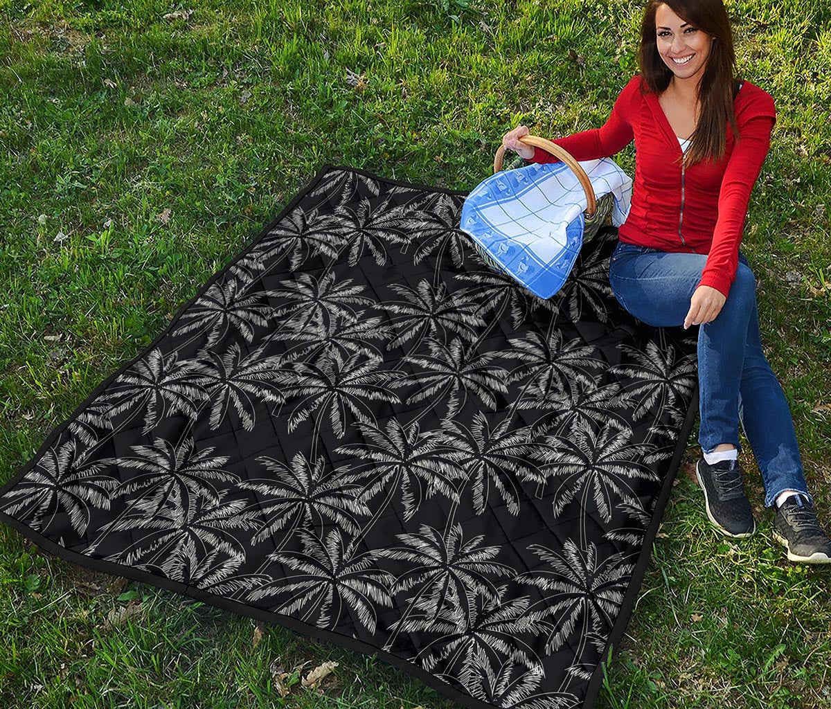 Black White Palm Tree Pattern Print Quilt