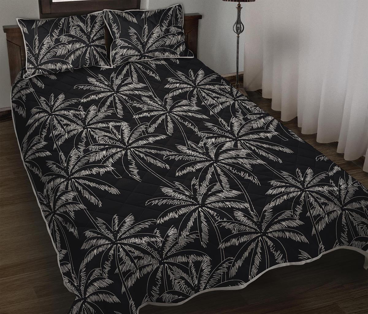 Black White Palm Tree Pattern Print Quilt Bed Set