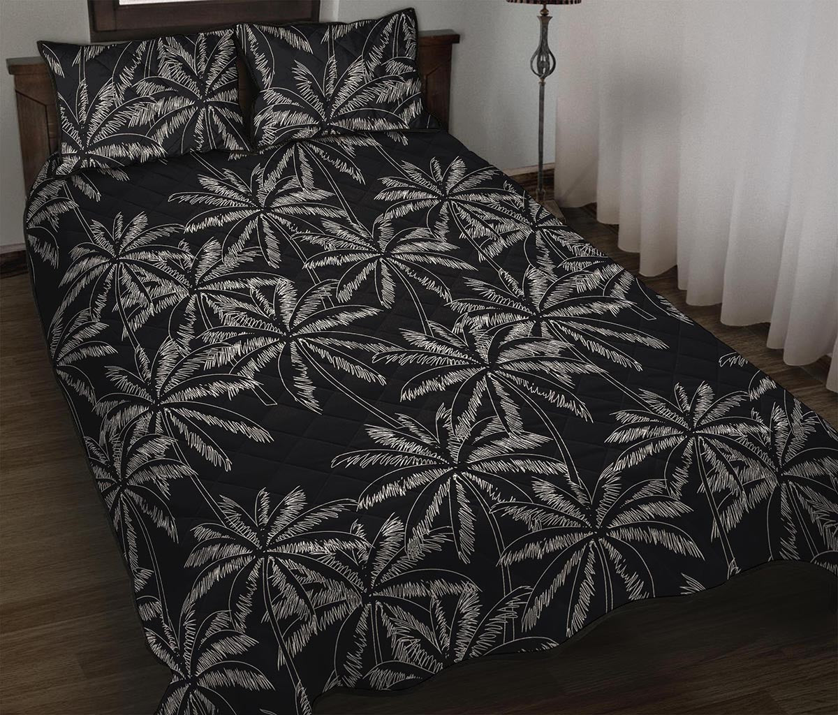 Black White Palm Tree Pattern Print Quilt Bed Set