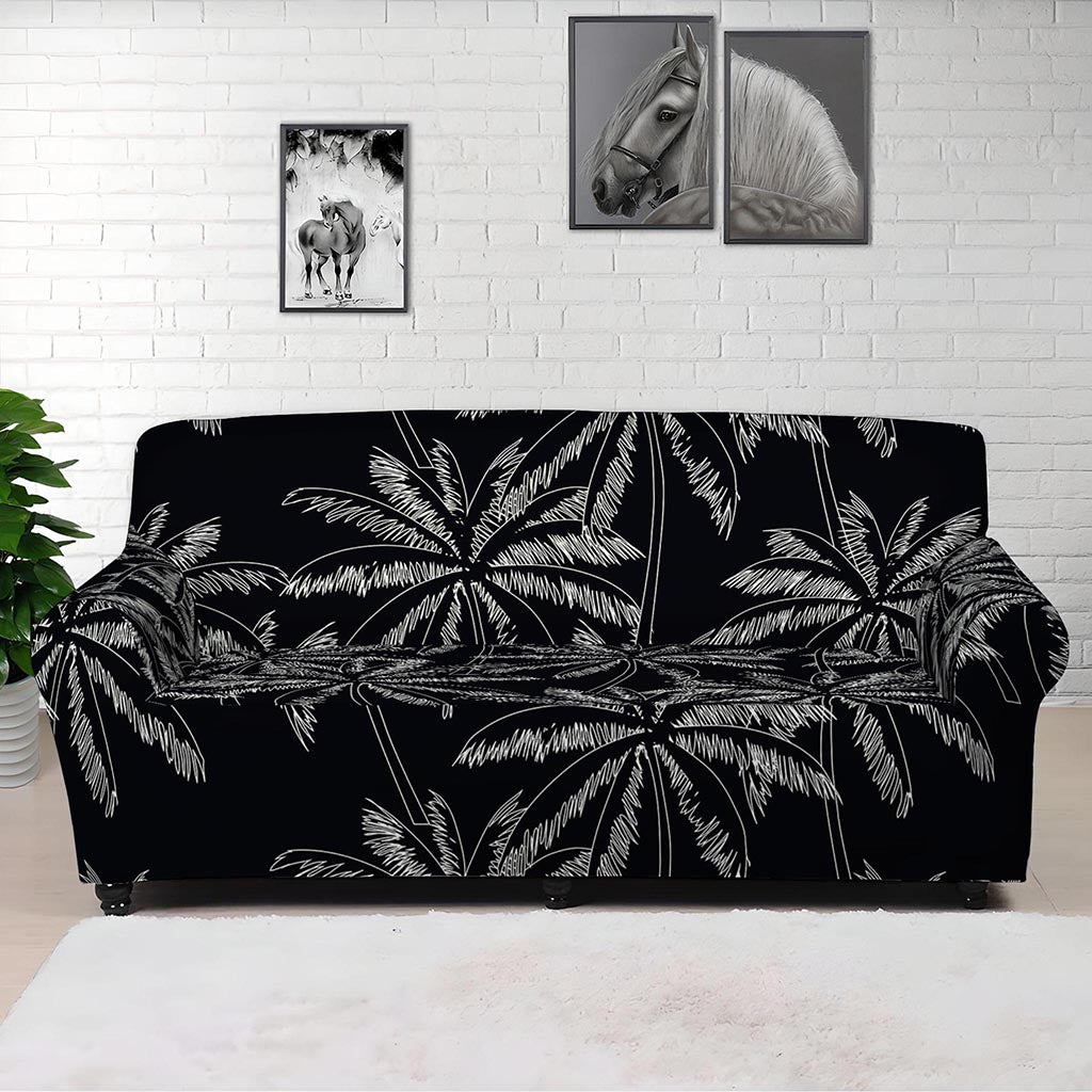 Black White Palm Tree Pattern Print Sofa Cover