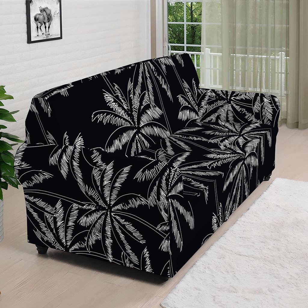 Black White Palm Tree Pattern Print Sofa Cover