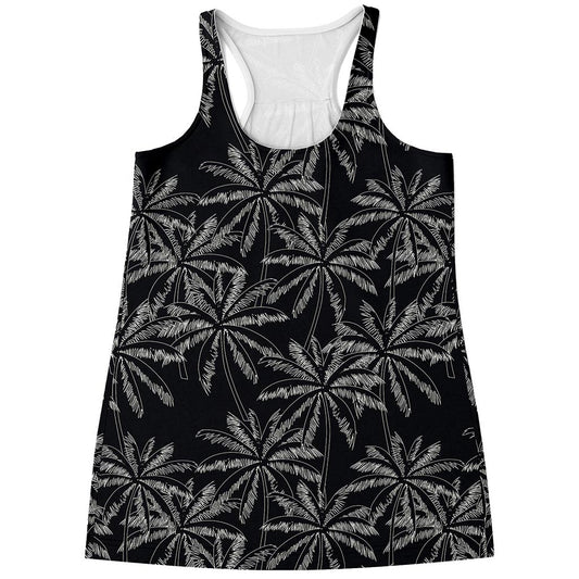 Black White Palm Tree Pattern Print Women's Racerback Tank Top