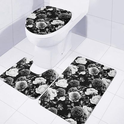 Black White Rose Floral Pattern Print 3 Piece Bath Mat Set