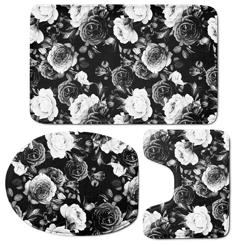 Black White Rose Floral Pattern Print 3 Piece Bath Mat Set