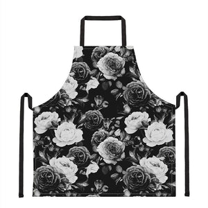 Black White Rose Floral Pattern Print Apron