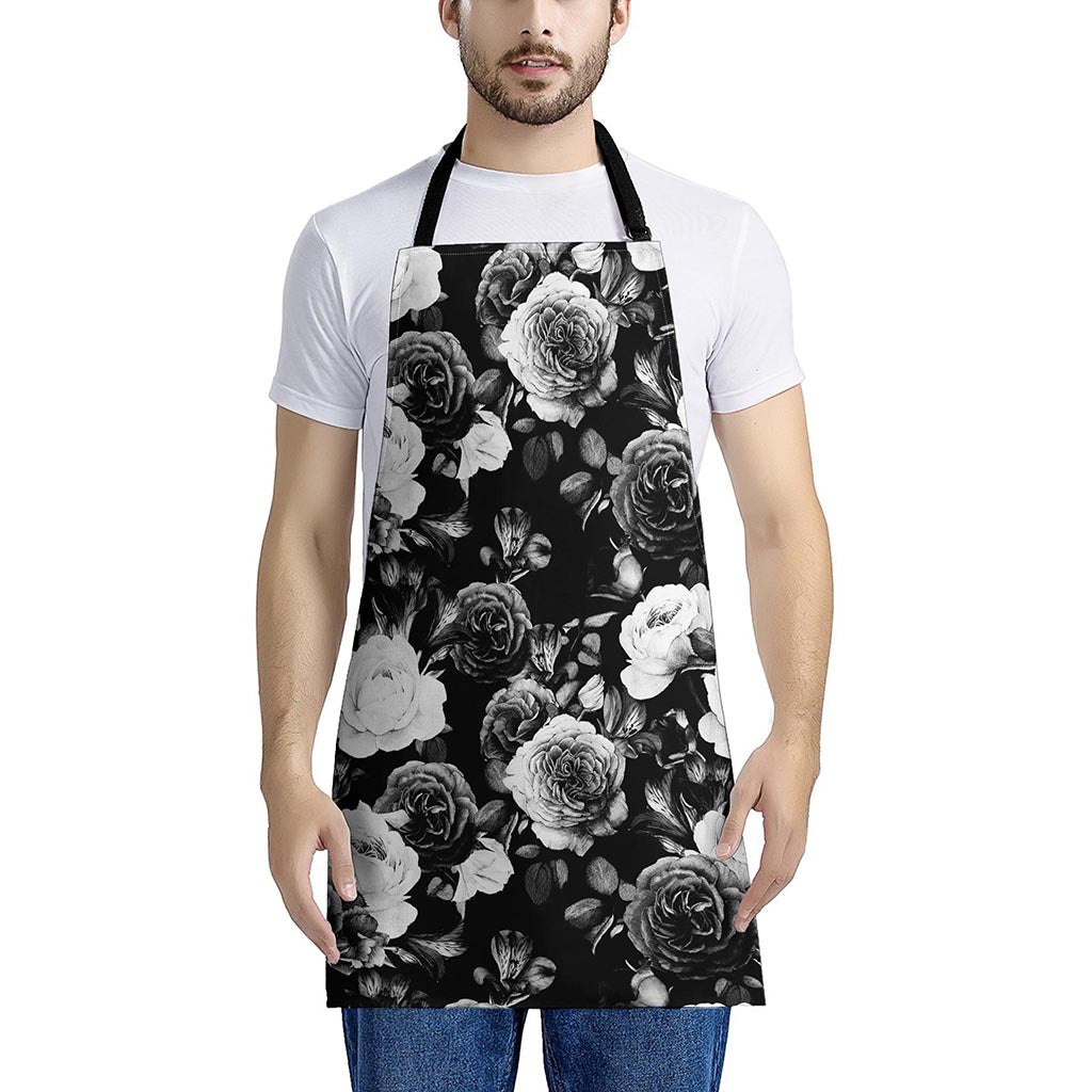 Black White Rose Floral Pattern Print Apron