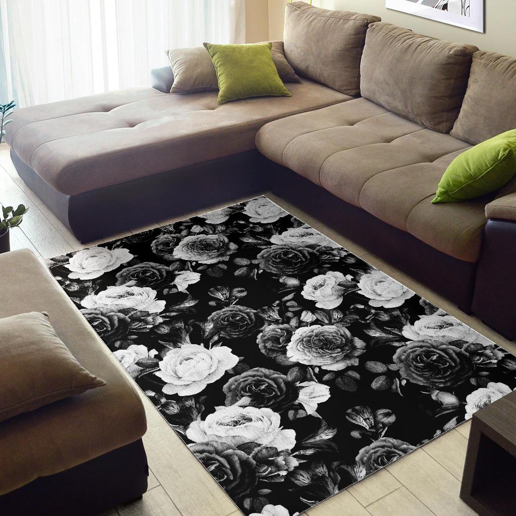 Black White Rose Floral Pattern Print Area Rug GearFrost