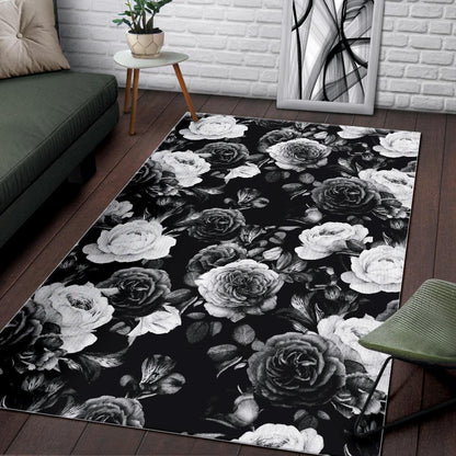 Black White Rose Floral Pattern Print Area Rug GearFrost
