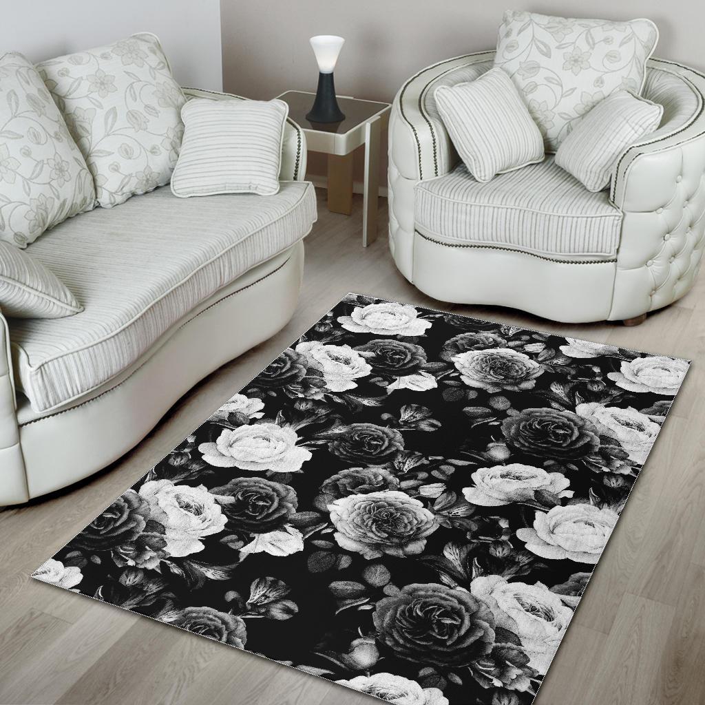 Black White Rose Floral Pattern Print Area Rug GearFrost