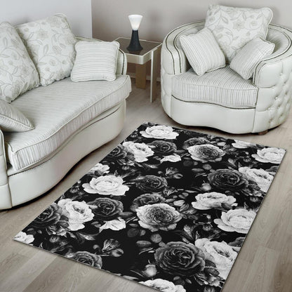 Black White Rose Floral Pattern Print Area Rug GearFrost