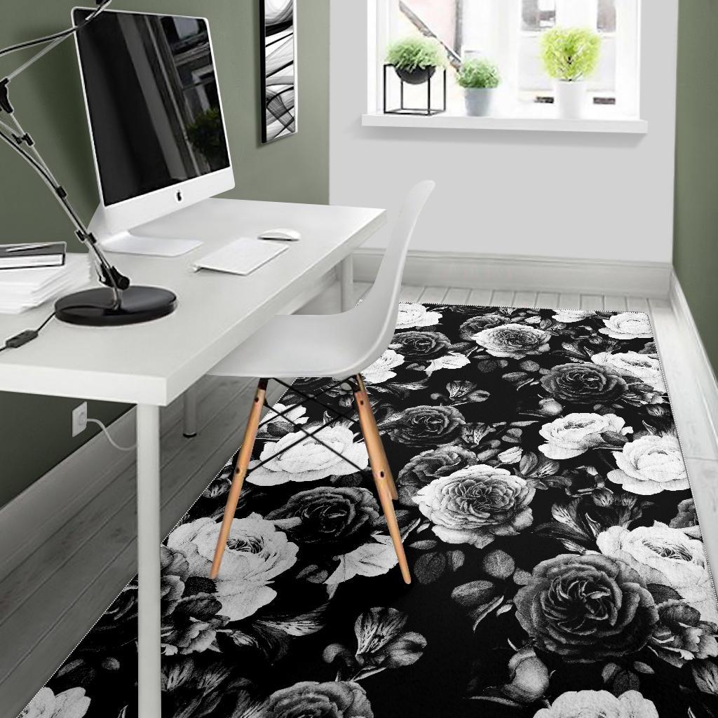 Black White Rose Floral Pattern Print Area Rug GearFrost
