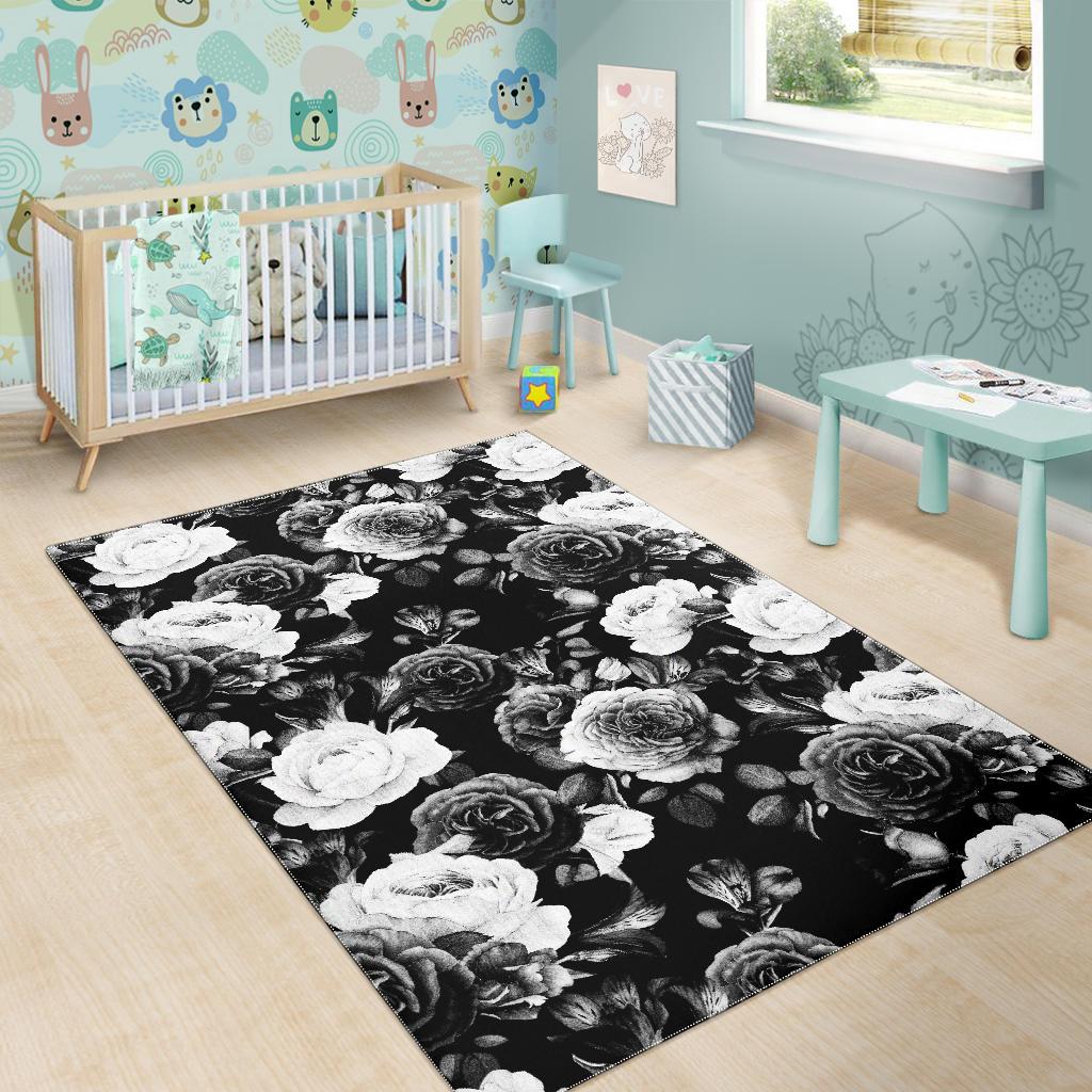 Black White Rose Floral Pattern Print Floor Mat – GearFrost