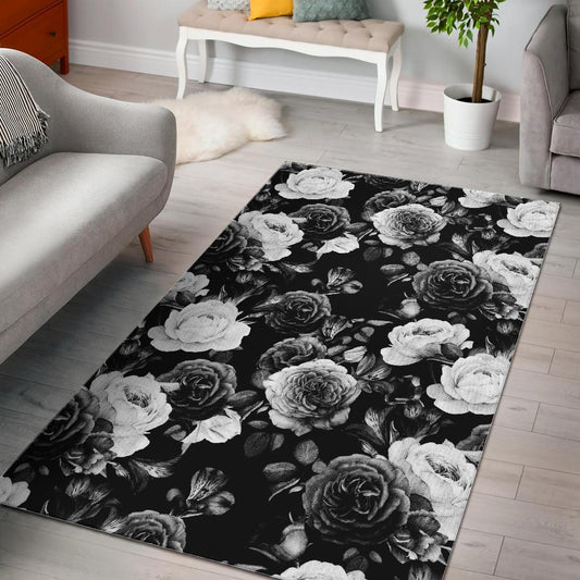 Black White Rose Floral Pattern Print Area Rug GearFrost