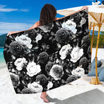 Black White Rose Floral Pattern Print Beach Sarong Wrap