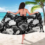 Black White Rose Floral Pattern Print Beach Sarong Wrap