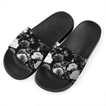 Black White Rose Floral Pattern Print Black Slide Sandals