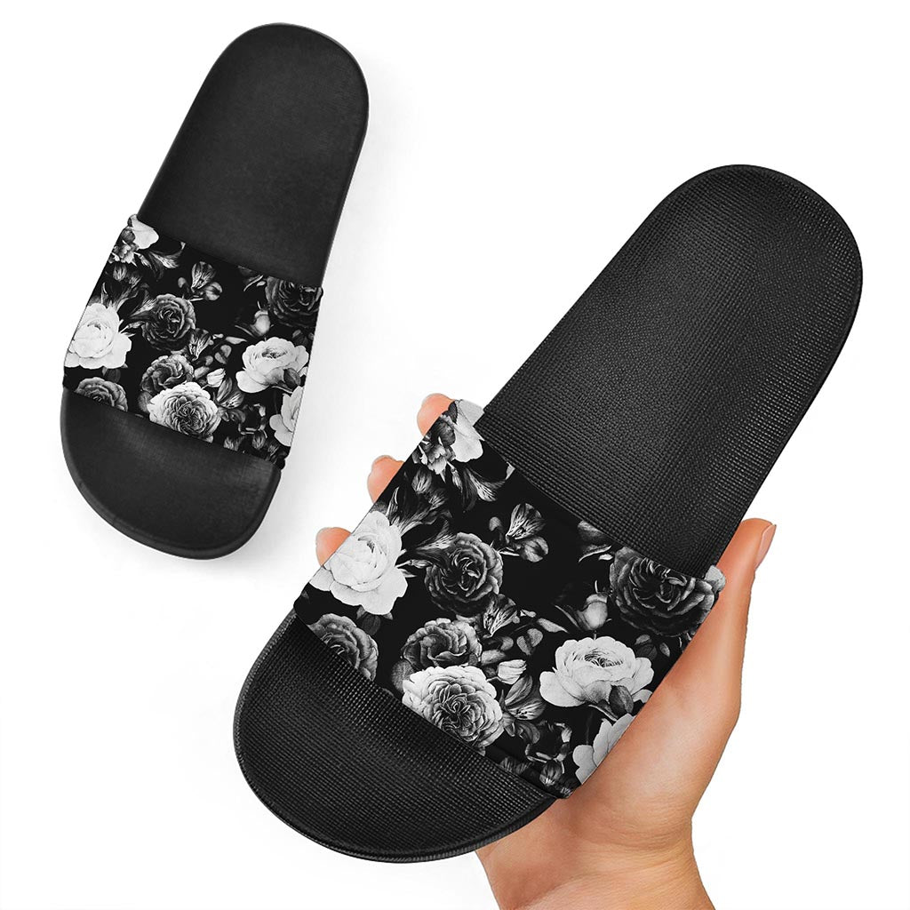 Black White Rose Floral Pattern Print Black Slide Sandals