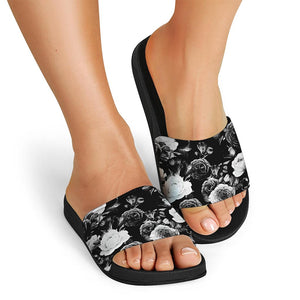 Black White Rose Floral Pattern Print Black Slide Sandals