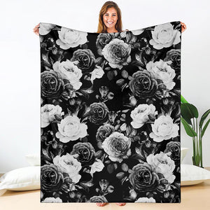 Black White Rose Floral Pattern Print Blanket
