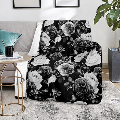 Black White Rose Floral Pattern Print Blanket
