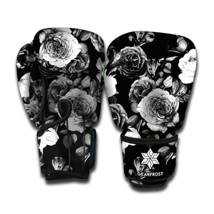 Black White Rose Floral Pattern Print Boxing Gloves