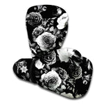 Black White Rose Floral Pattern Print Boxing Gloves