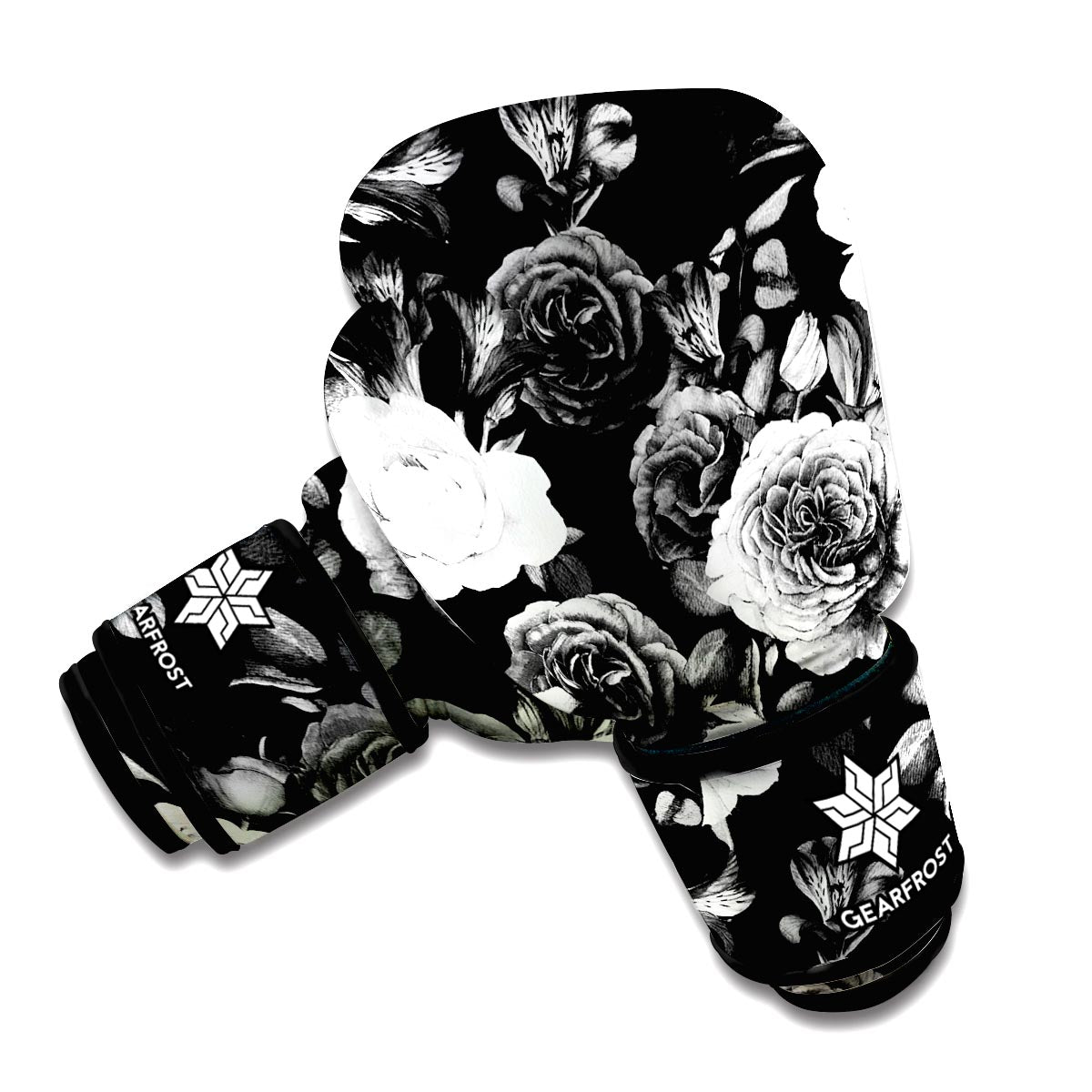 Black White Rose Floral Pattern Print Boxing Gloves