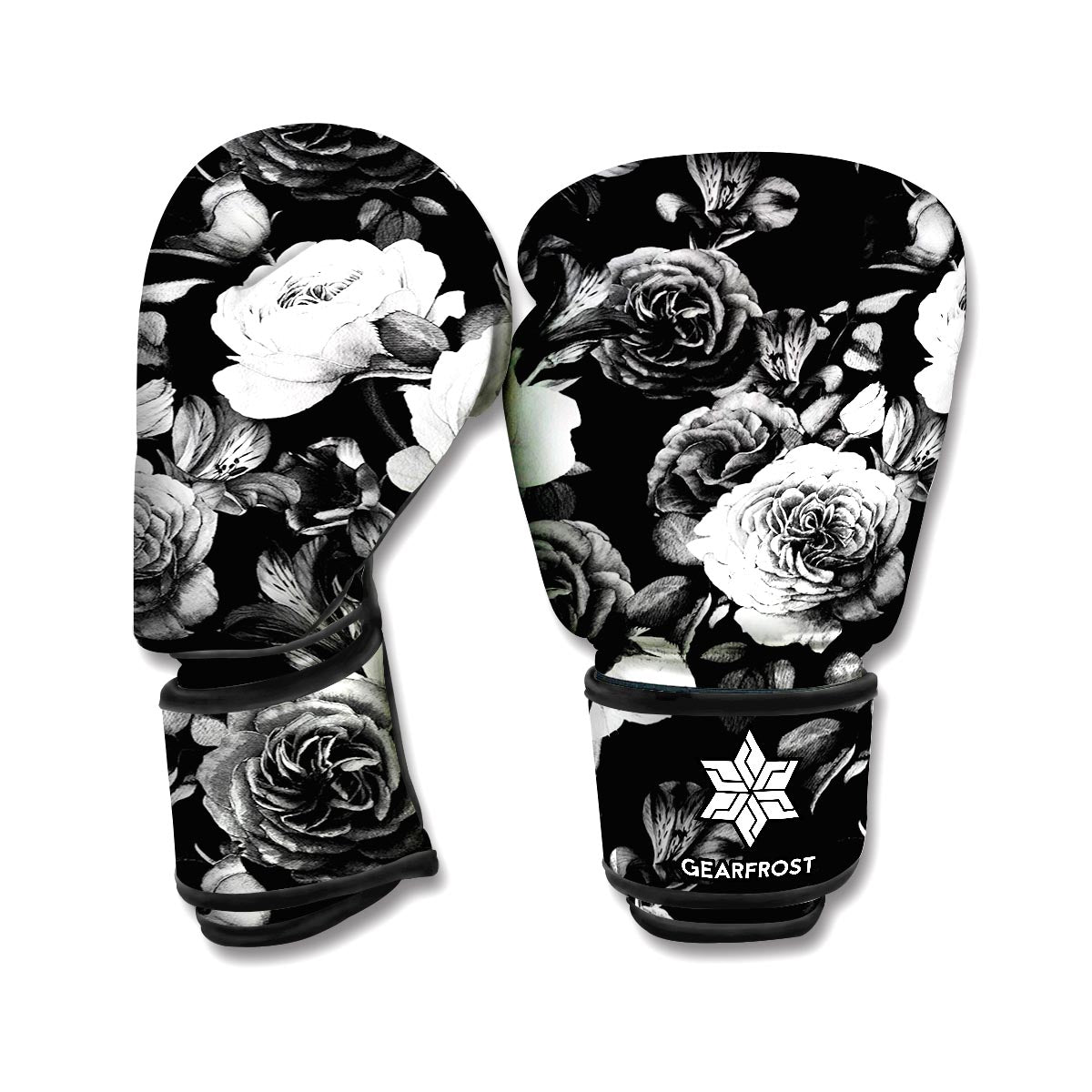 Black White Rose Floral Pattern Print Boxing Gloves