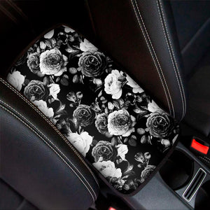 Black White Rose Floral Pattern Print Car Center Console Cover