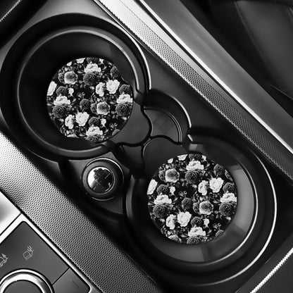 Black White Rose Floral Pattern Print Car Coasters