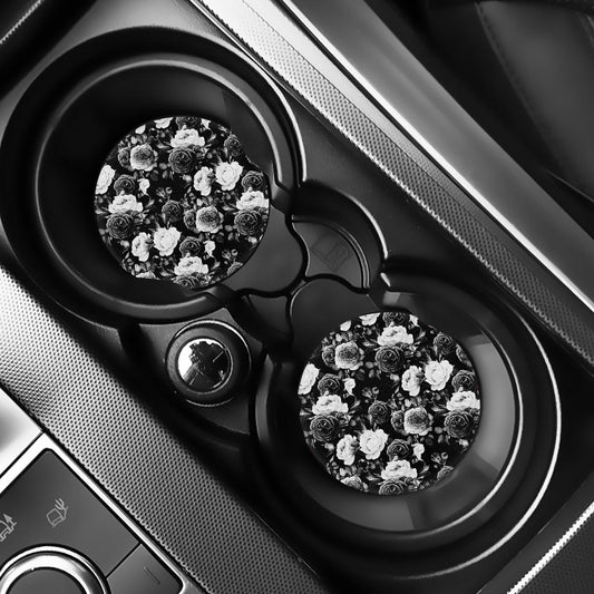 Black White Rose Floral Pattern Print Car Coasters