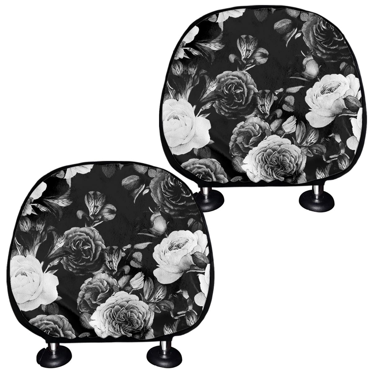 Black White Rose Floral Pattern Print Car Headrest Covers