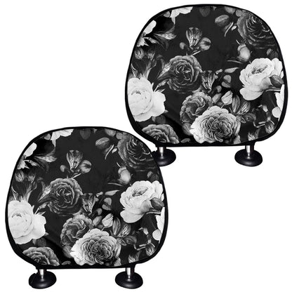 Black White Rose Floral Pattern Print Car Headrest Covers