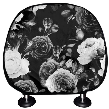 Black White Rose Floral Pattern Print Car Headrest Covers