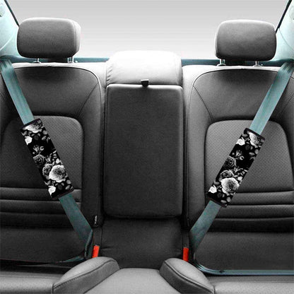 Black White Rose Floral Pattern Print Car Seat Belt Covers