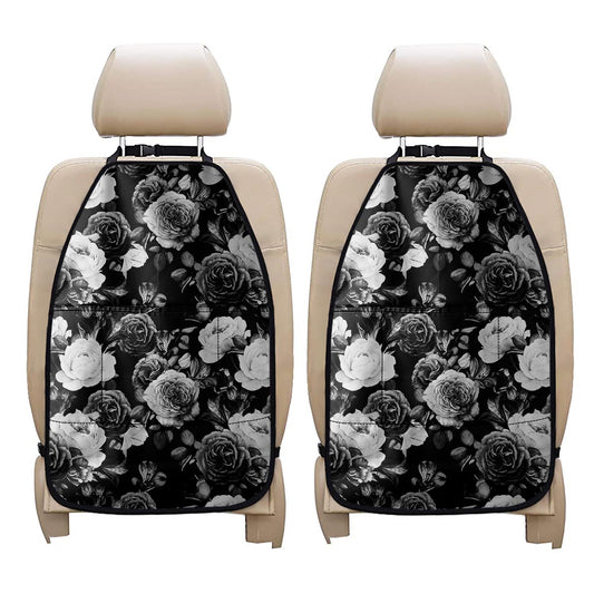 Black White Rose Floral Pattern Print Car Seat Organizers
