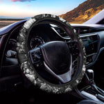 Black White Rose Floral Pattern Print Car Steering Wheel Cover