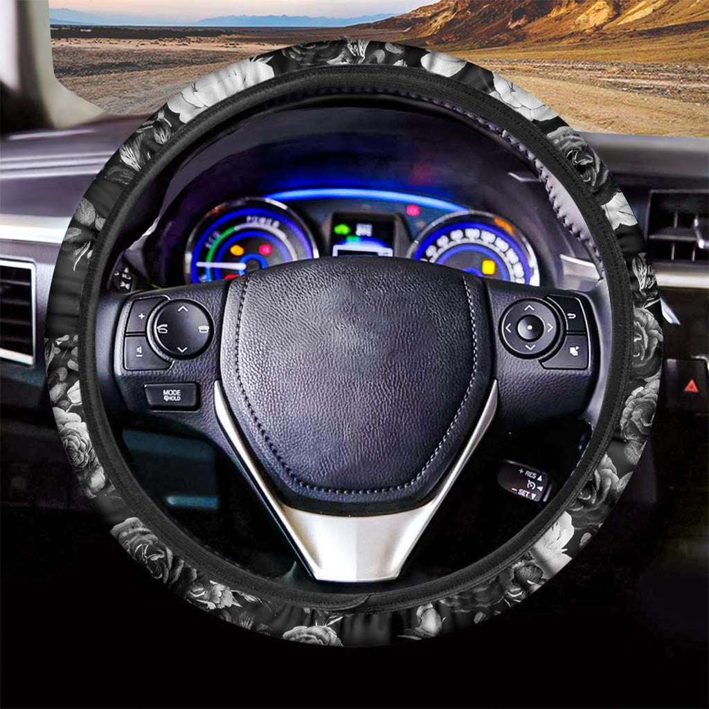 Black White Rose Floral Pattern Print Car Steering Wheel Cover