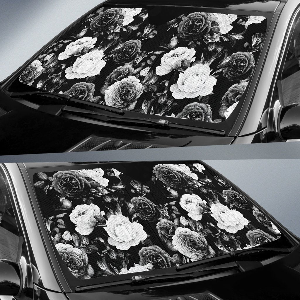 Black White Rose Floral Pattern Print Car Sun Shade GearFrost