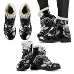 Black White Rose Floral Pattern Print Comfy Boots GearFrost