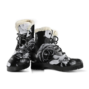 Black White Rose Floral Pattern Print Comfy Boots GearFrost