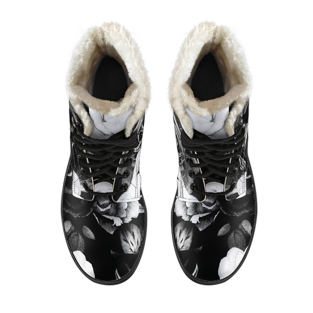 Black White Rose Floral Pattern Print Comfy Boots GearFrost