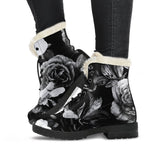 Black White Rose Floral Pattern Print Comfy Boots GearFrost