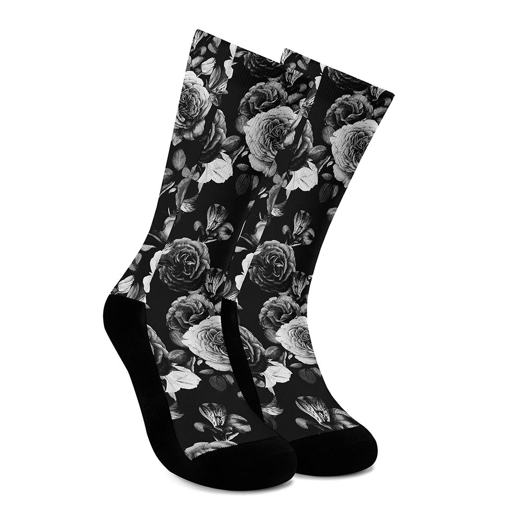 Black White Rose Floral Pattern Print Crew Socks