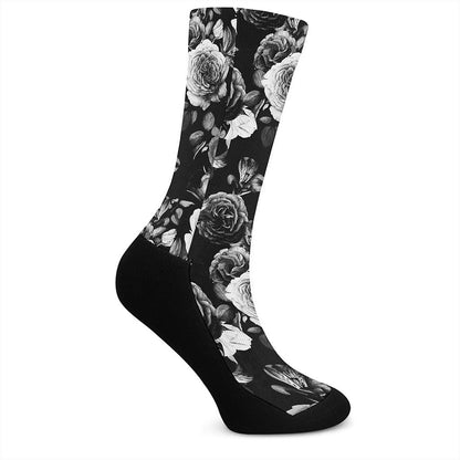 Black White Rose Floral Pattern Print Crew Socks