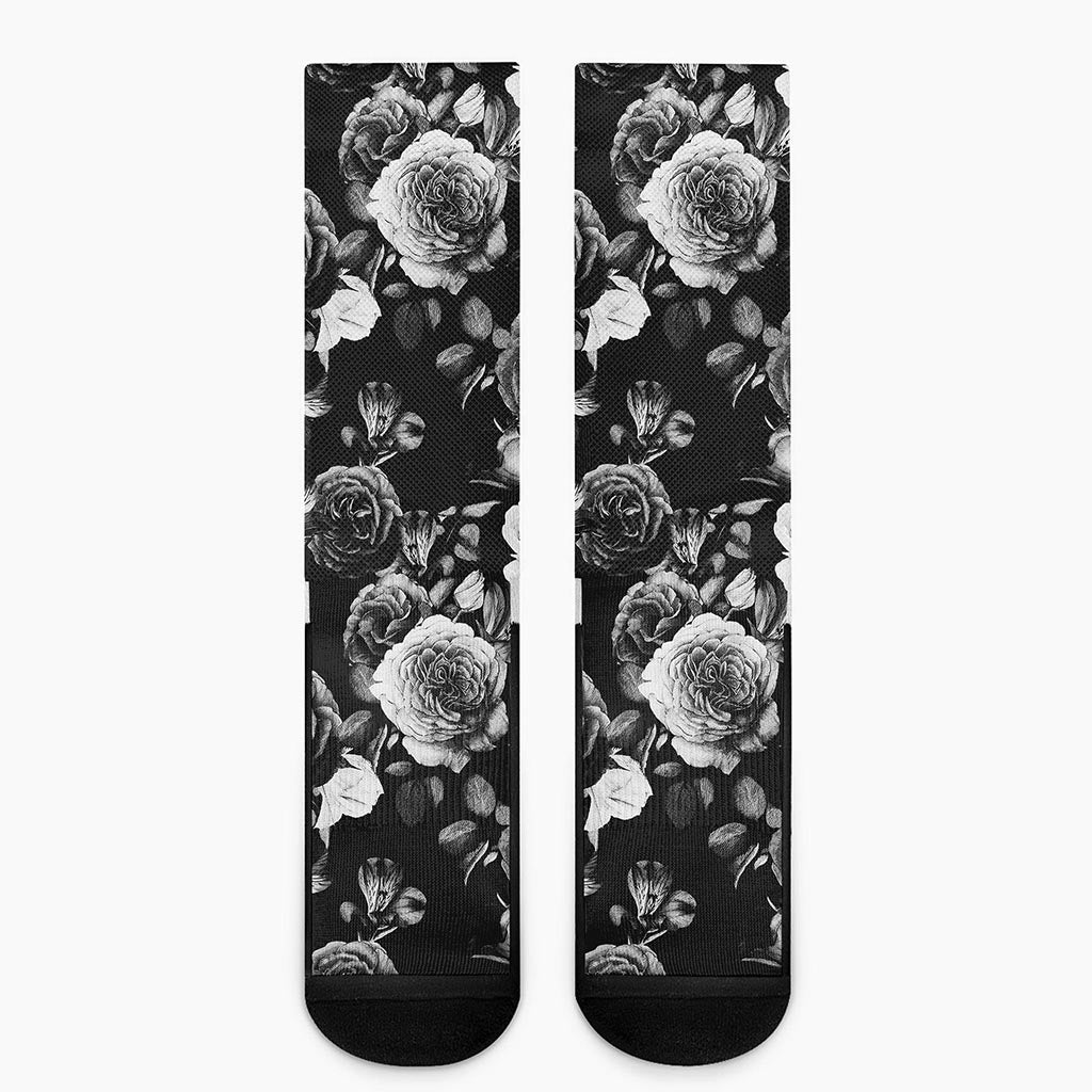 Black White Rose Floral Pattern Print Crew Socks