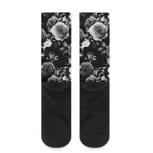 Black White Rose Floral Pattern Print Crew Socks