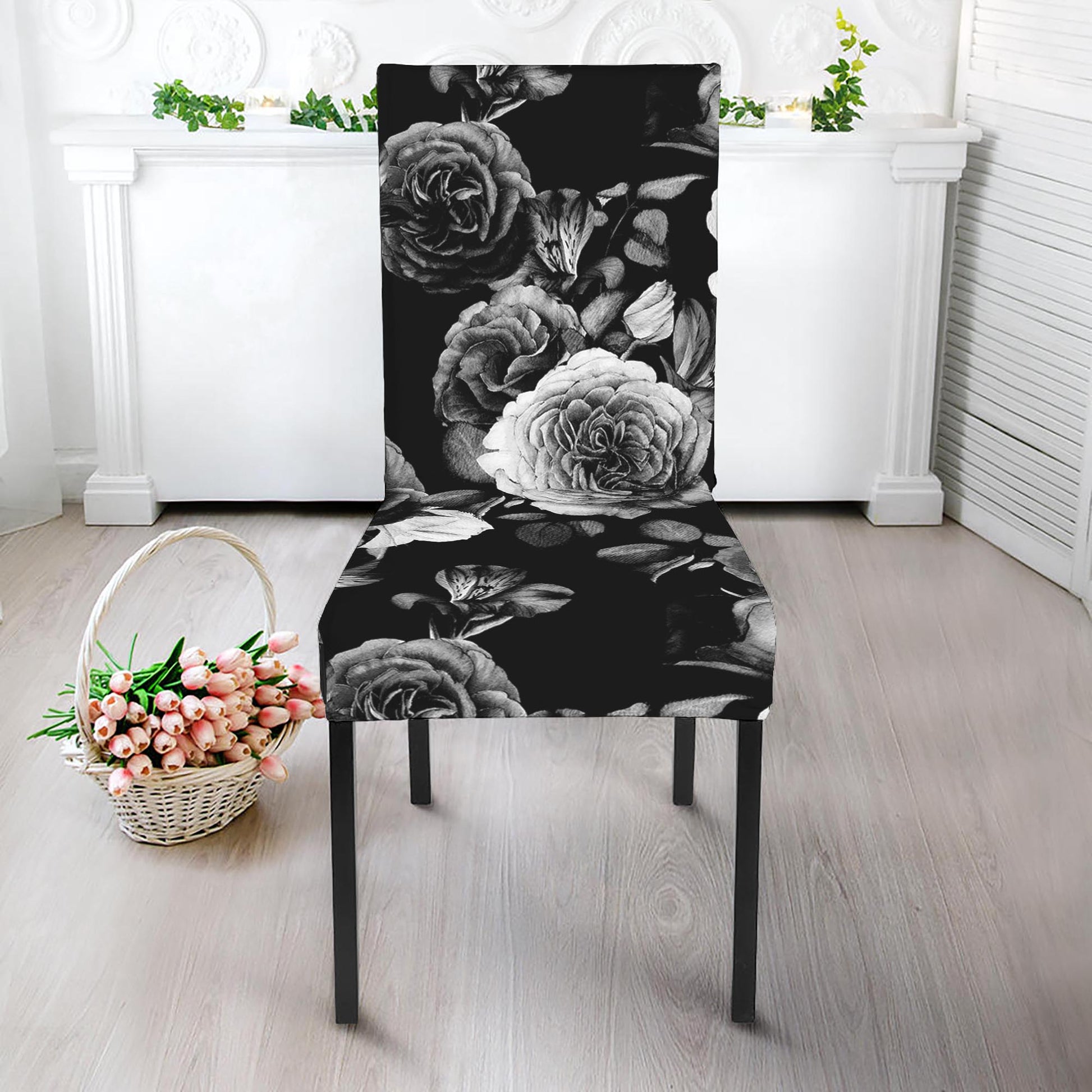 Black White Rose Floral Pattern Print Dining Chair Slipcover